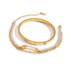 18K Gold Safety Pin Tennis Double Chain Heart Bangle Bracelet Stack