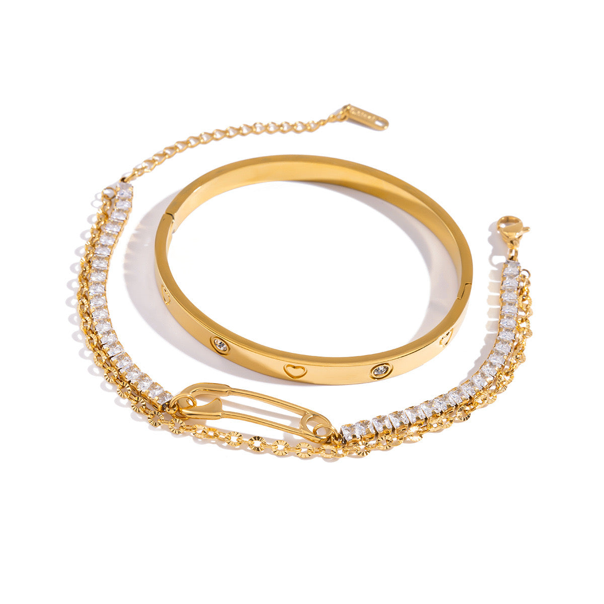 18K Gold Safety Pin Tennis Double Chain Heart Bangle Bracelet Stack