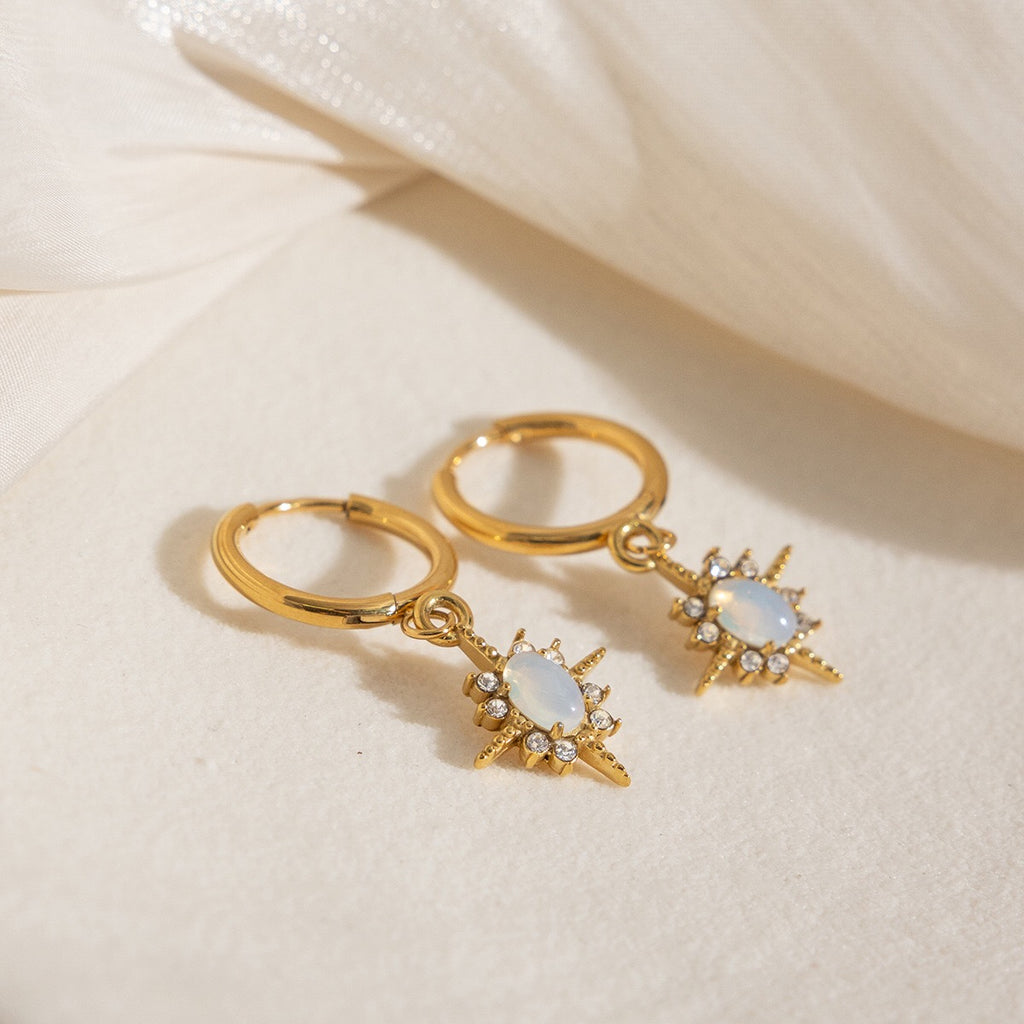 18K Gold Northern Star Opal Small Hoop Dangle Huggie Earrings