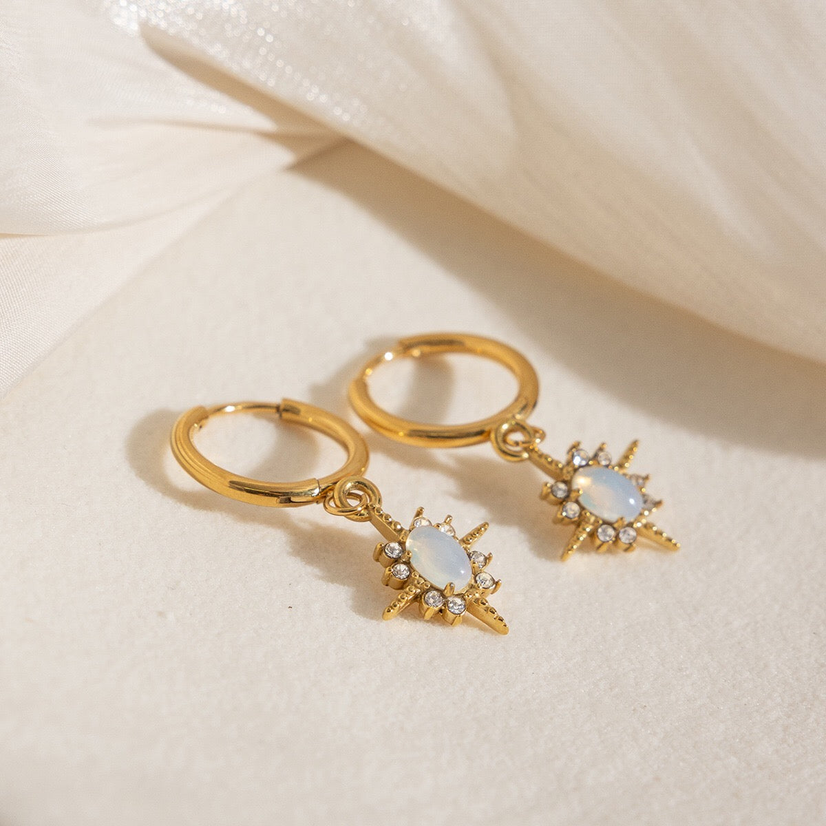 18K Gold Northern Star Opal Small Hoop Dangle Huggie Earrings