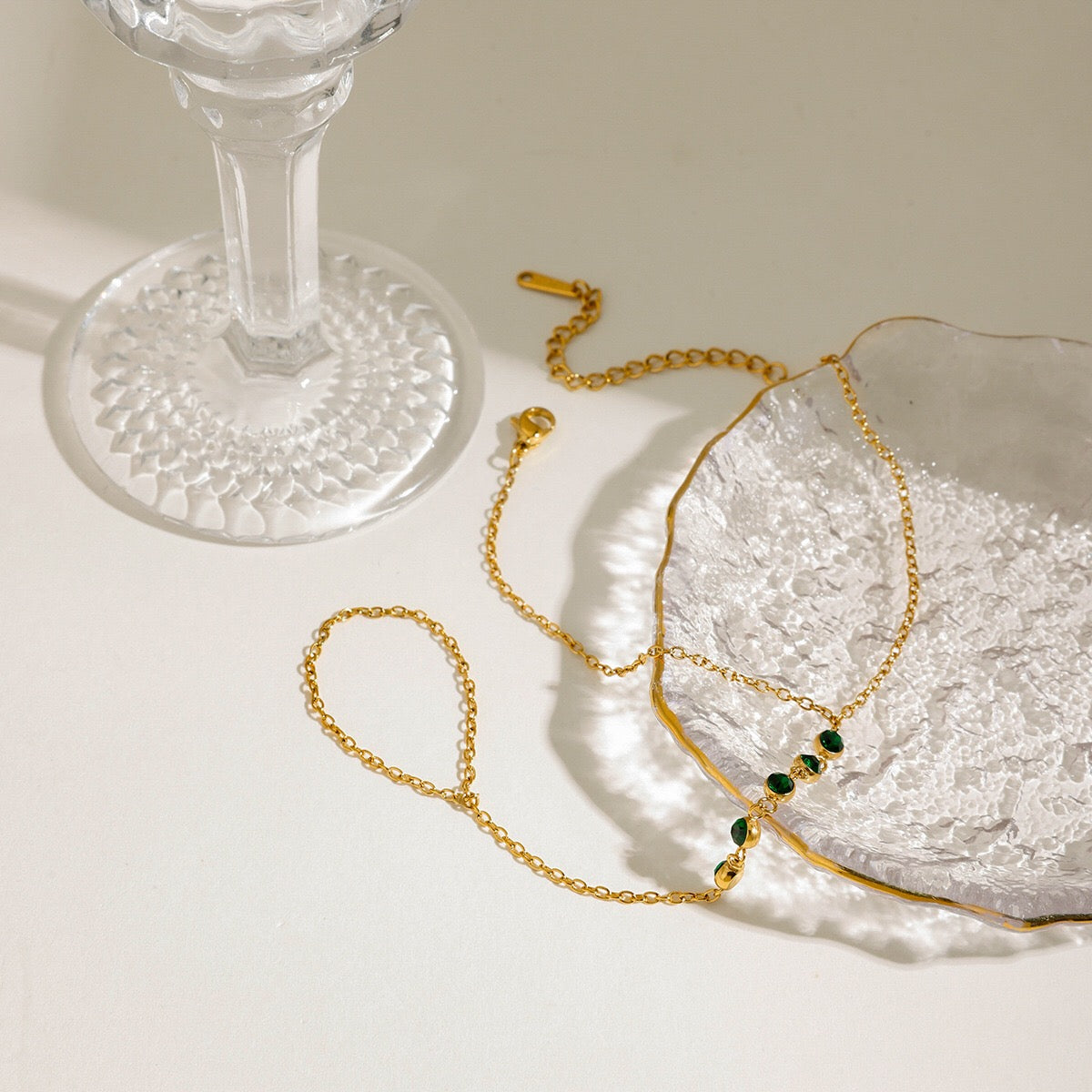 18K Gold Waterproof Emerald Bejeweled Hand Chain Bracelet