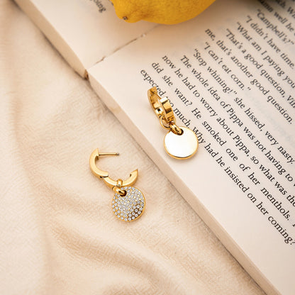 18K Gold Swinging sparkle Pave Disc Small Hoop Dangle Huggie Earrings