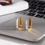 18K Gold Full Glam Rectangle Hoop Huggie Earrings CZ Ear Cuffs Stack