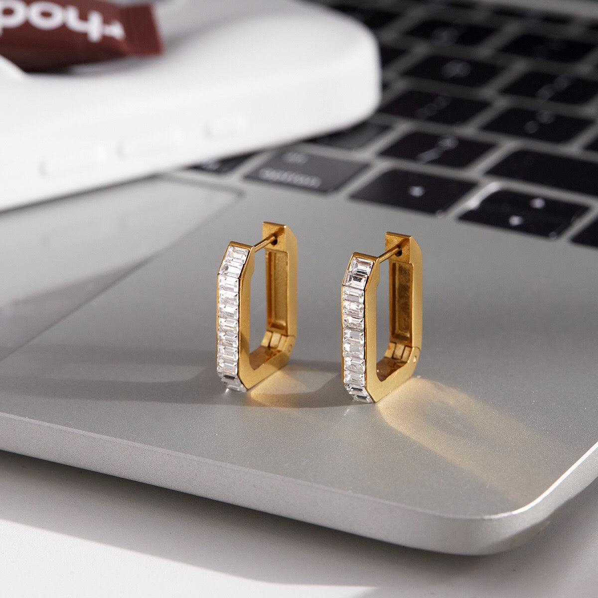18K Gold Full Glam Rectangle Hoop Huggie Earrings CZ Ear Cuffs Stack
