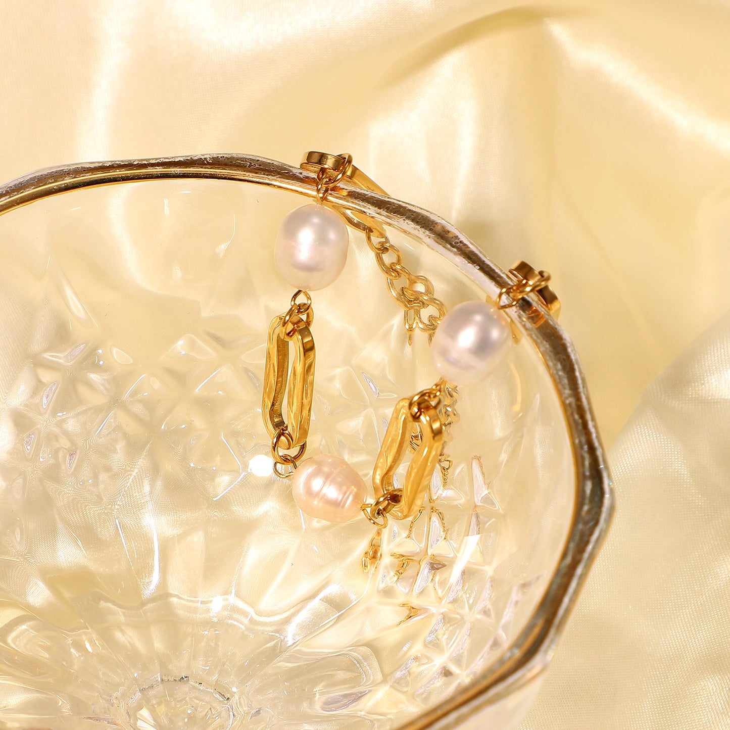 18K Gold Elegant Harmony Pearl Paperclip Chain Bracelet Stack