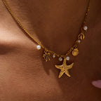 18K Gold Starfish Beach Pearl Beads Charm Necklace