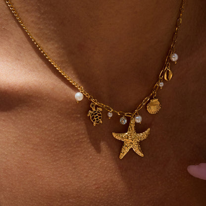 18K Gold Starfish Beach Pearl Beads Charm Necklace