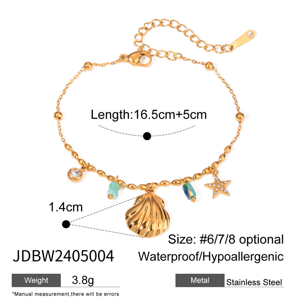 18K Gold Blue Beads Ocean Shell Beach Trip Charm Bracelet