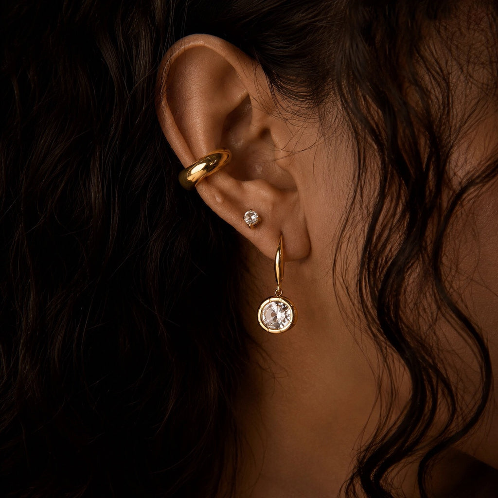 18K Gold Sway Bezel CZ Stone Dangle Earrings