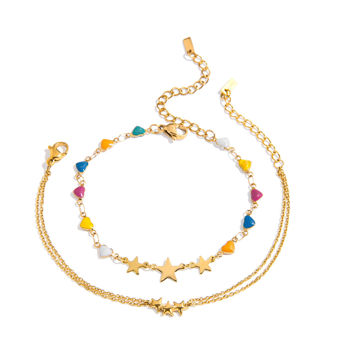 18K Gold Stars Align Dainty Chain Colorful Hearts Bracelet Stack