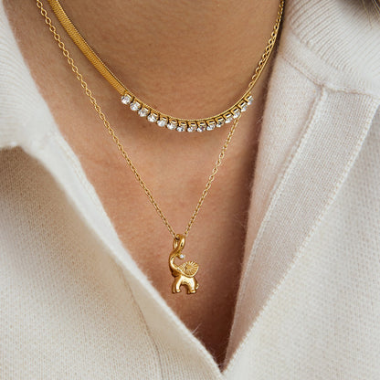 18K Gold Guardian Elephant Pendant Herringbone Snake Chain Layered Necklace Set
