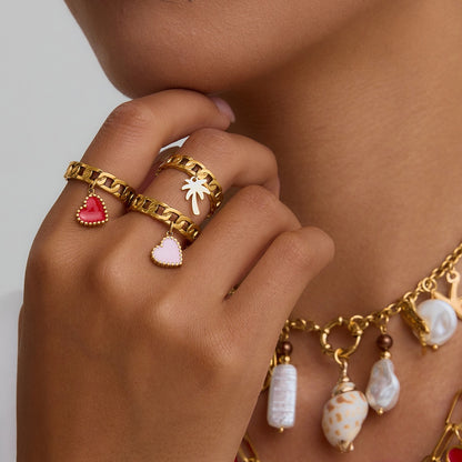 18K Gold Heart Palm Tree Charm Chain Band Ring