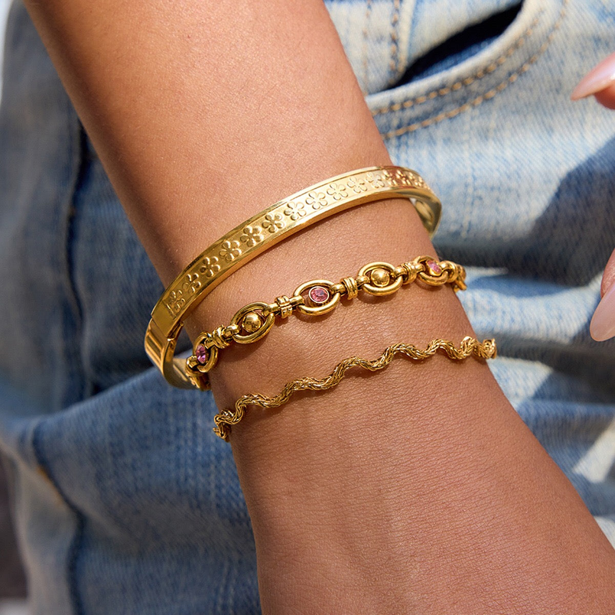 18K Gold Golden Blush Pink Jewel Wave Chain Flower Bangle Bracelet Stack