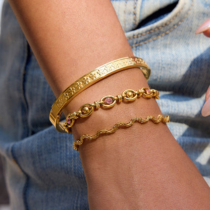 18K Gold Golden Blush Pink Jewel Wave Chain Flower Bangle Bracelet Stack