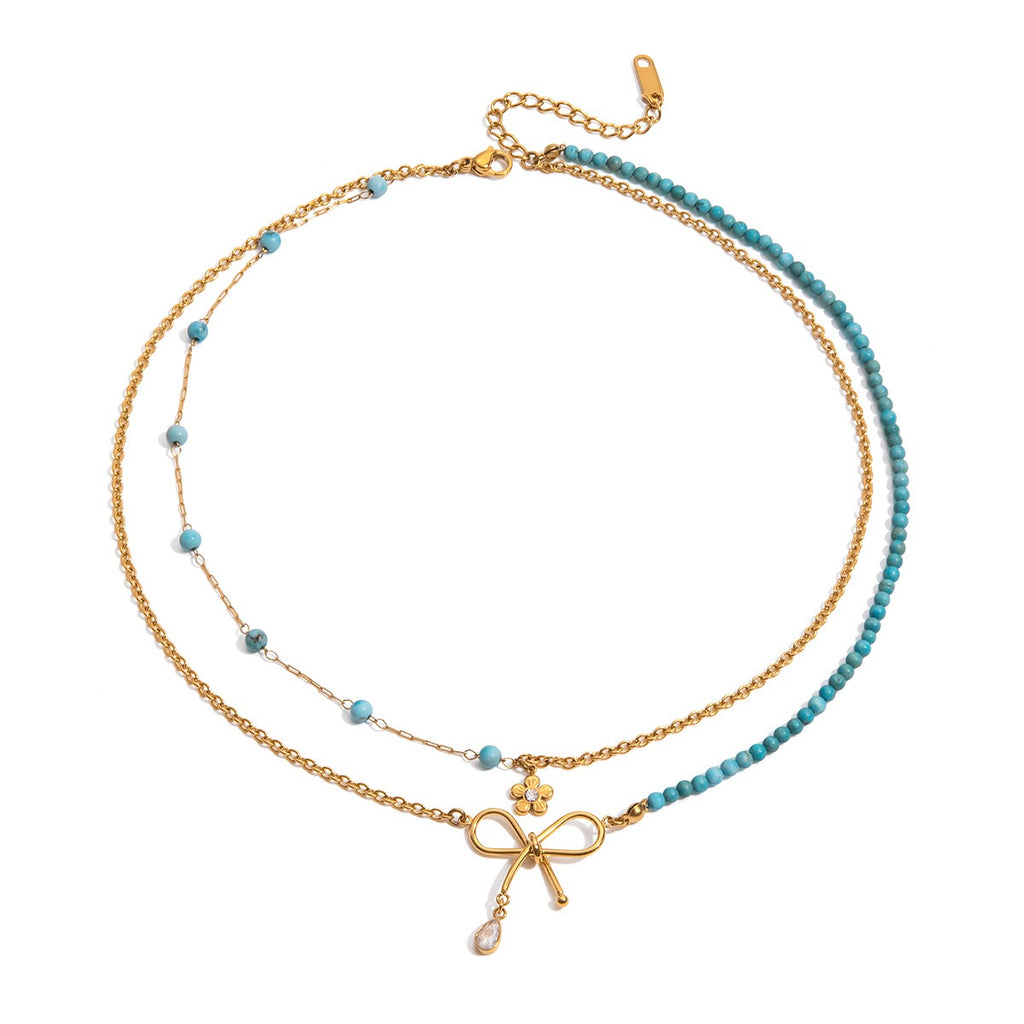 18K Gold Turquoise Beads Bow Pendant Double Chain Layered Necklace Set