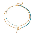 18K Gold Turquoise Beads Bow Pendant Double Chain Layered Necklace Set