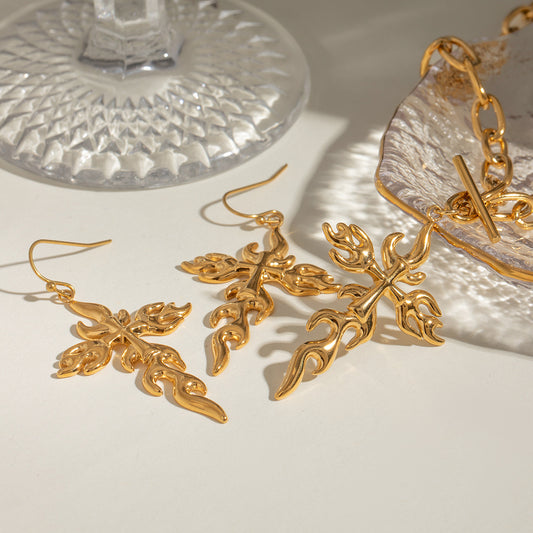 18K Gold Fire Cross Statement Dangle Hook Earrings