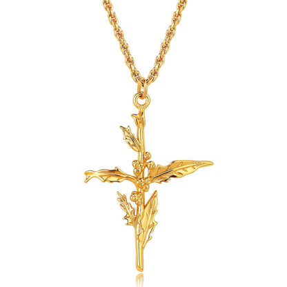 18K Gold Birth Flower Cross Pendant Necklace