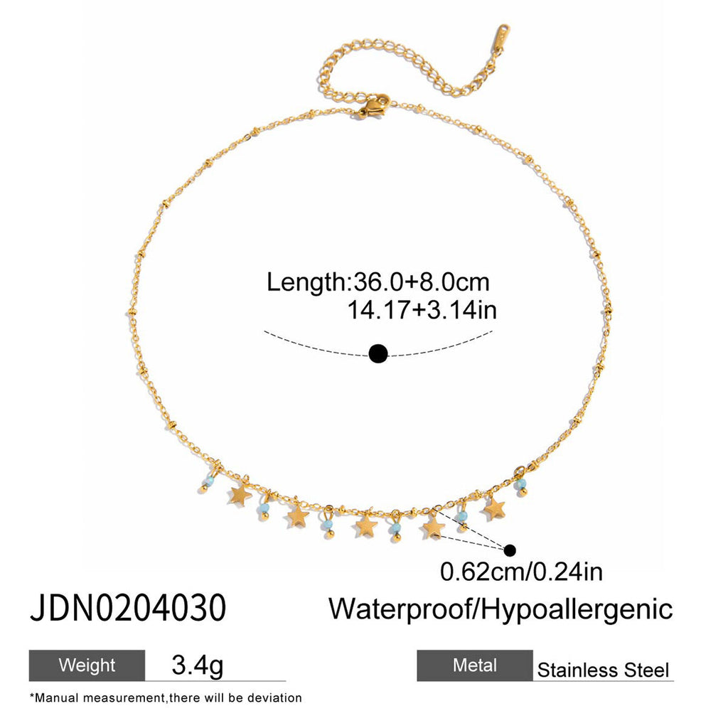 18K Gold Seaside Fantasy Blue Beads Heart Charm Circle Chain Layered Necklace Set