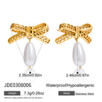 18K Gold Lace Bow Dangle Pearl Cute Stud Earrings