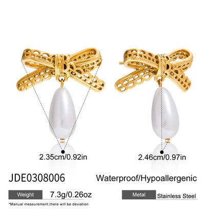 18K Gold Lace Bow Dangle Pearl Cute Stud Earrings