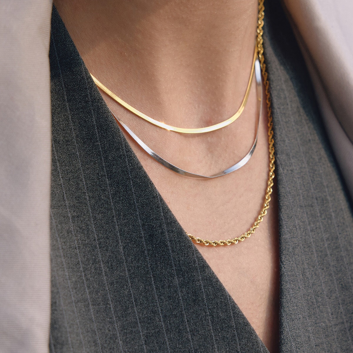 18K Gold and Silver Two Tone Herringbone Snake Rope Chain Layered Necklace Set