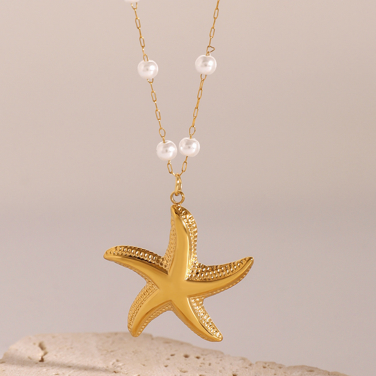 18K Gold Starfish Pearl Beaded Chain Pendant Necklace