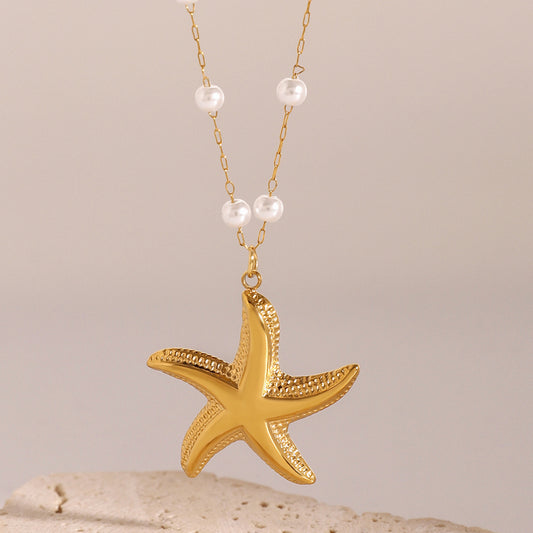 18K Gold Starfish Pearl Beaded Chain Pendant Necklace
