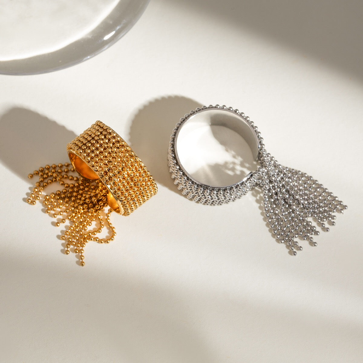 18K Gold Small Ball Chain Fringe Dangle Band Ring