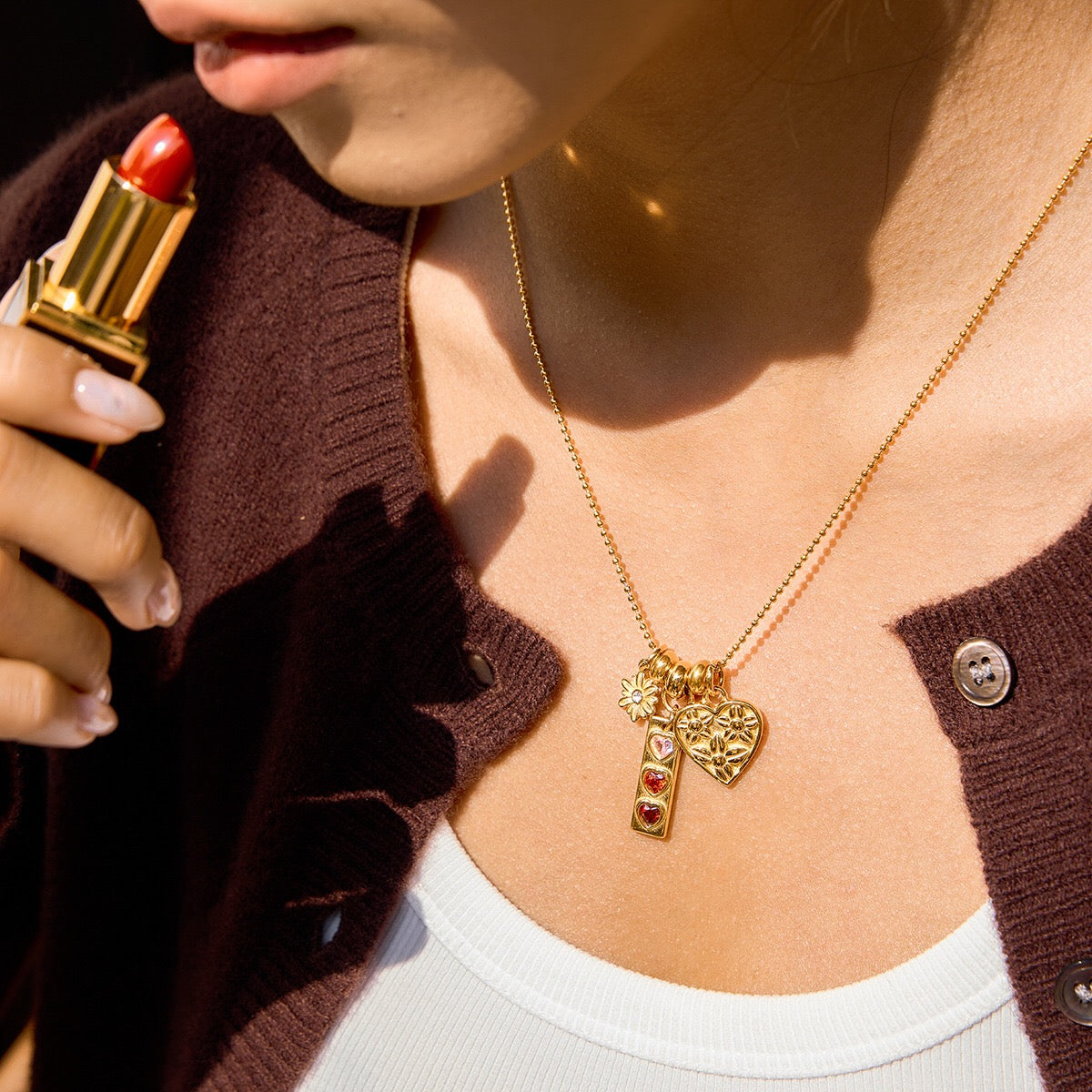 18K Gold Love in Bloom Pink Heart Flower Pendant Charm Necklace