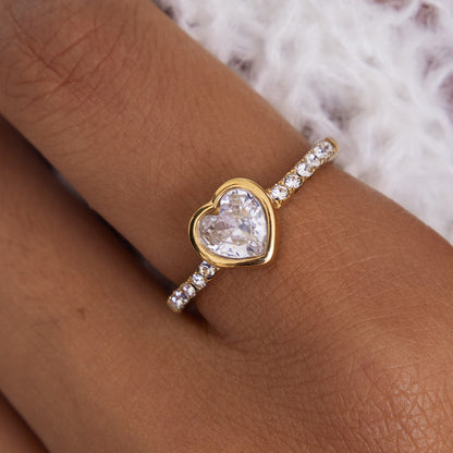 18K Gold Flirt Alert Flower Heart Statement CZ Stacking Ring