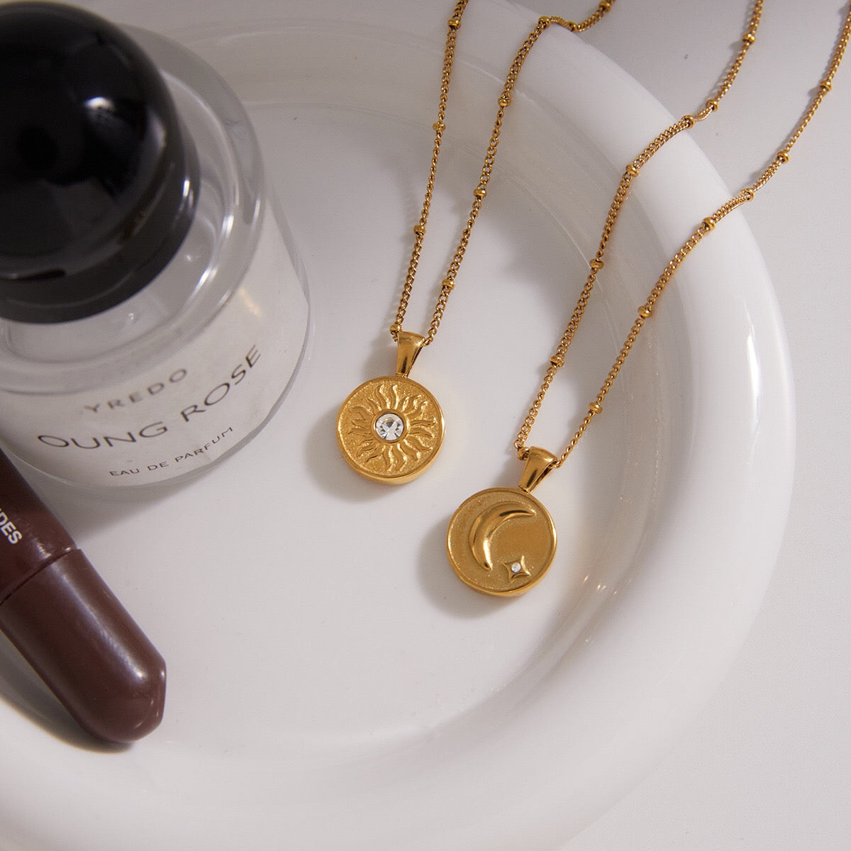 18K Gold Cosmic Desire Sun and Moon Double Side Coin Pendant Necklace