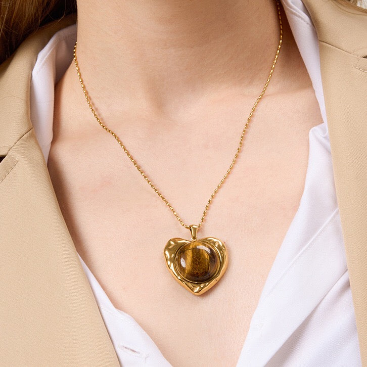 18K Gold Amber Kiss Tiger Eye Gemstone Heart Pendant Necklace