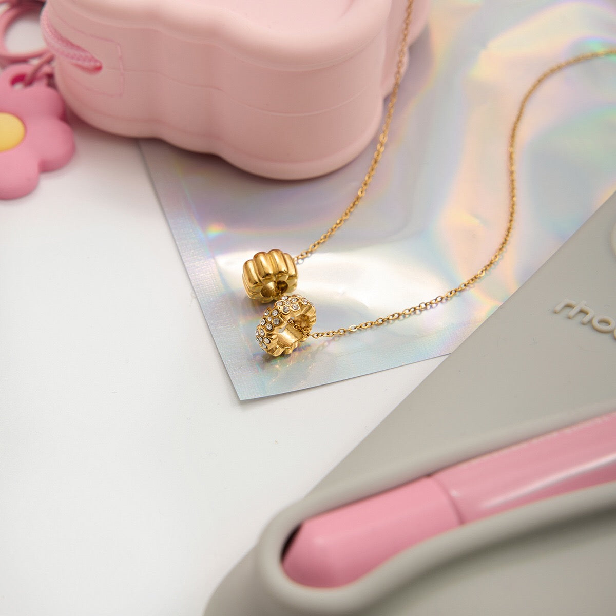 18K Gold Flower Memory Dainty Ring Pendant Necklace