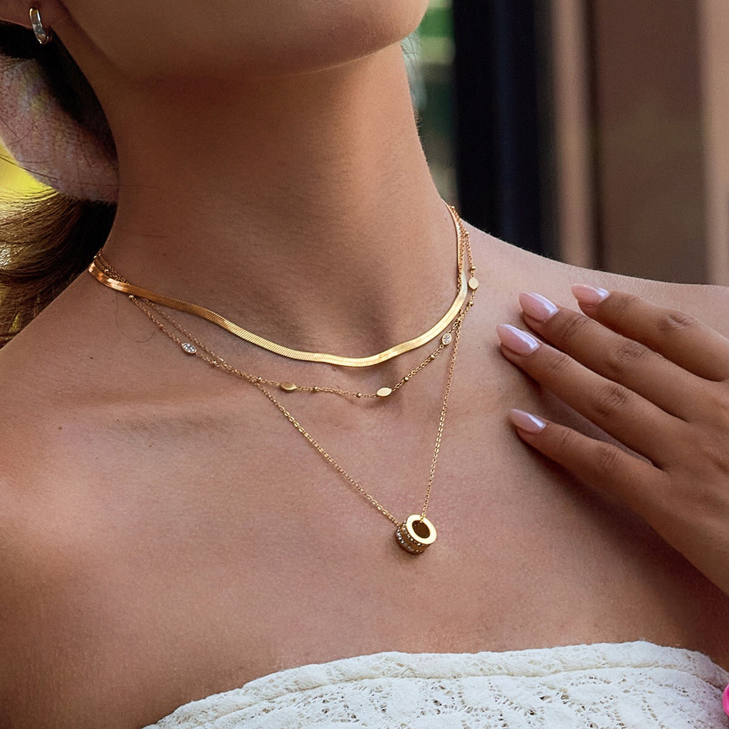 18K Gold Pink Heart Mama Bling Ring Dainty Pendant Necklace