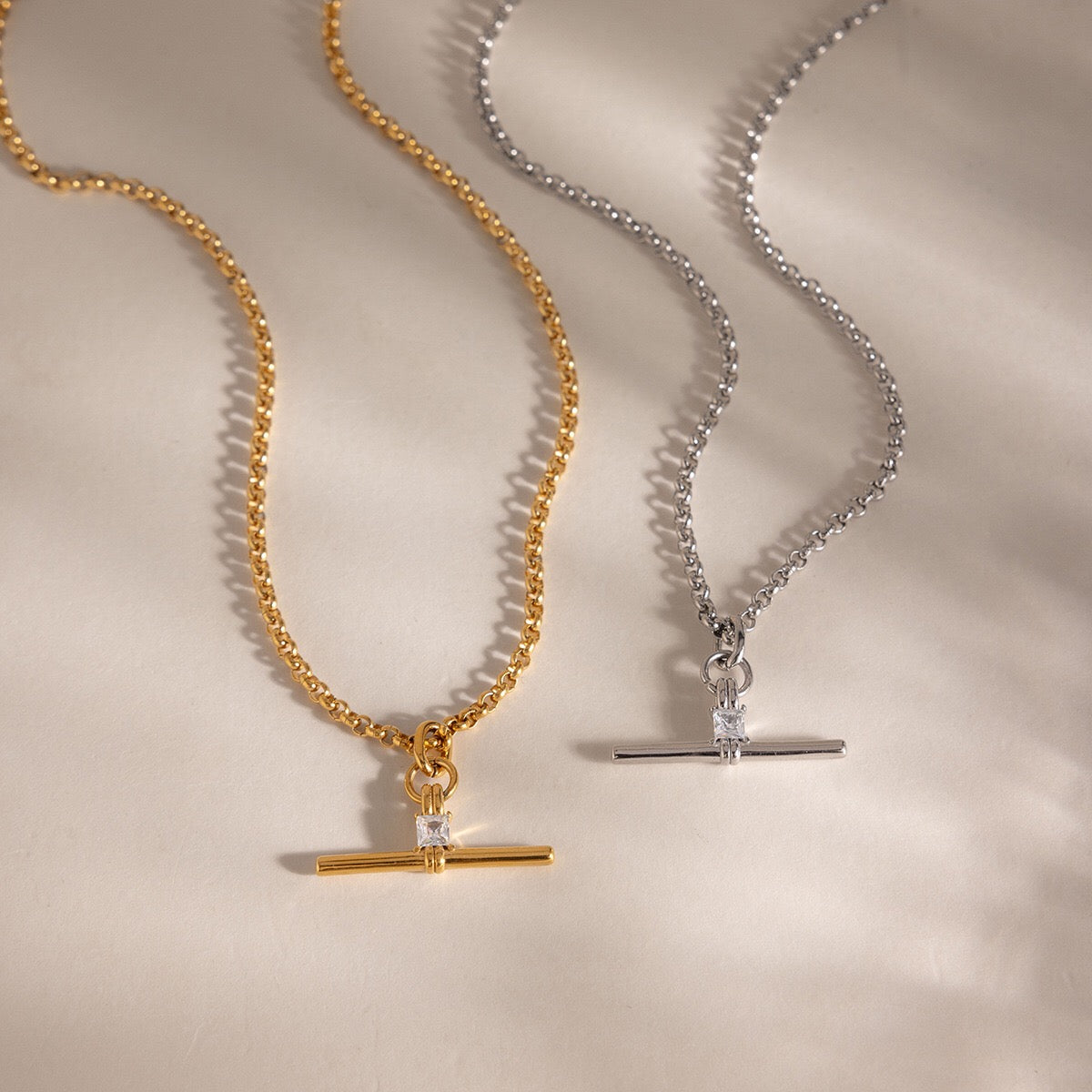 18K Gold and Silver Downtown T-Bar Statement Pendant Necklace