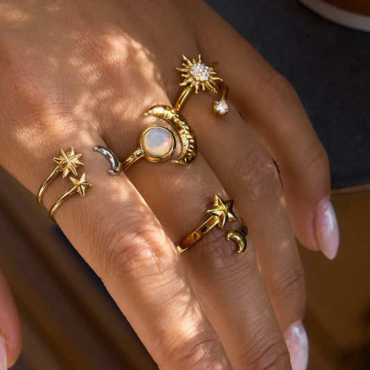 18K Gold Celestial Affair Sun and Moon Opal Statement Ring