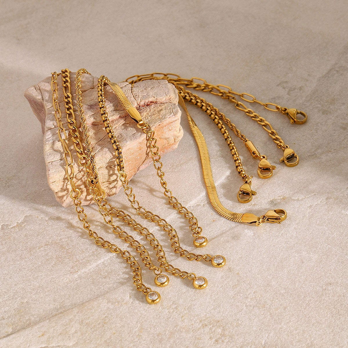 18K Gold Essential Dainty Paperclip Rope Herringbone Snake Chain Bracelet Stacks