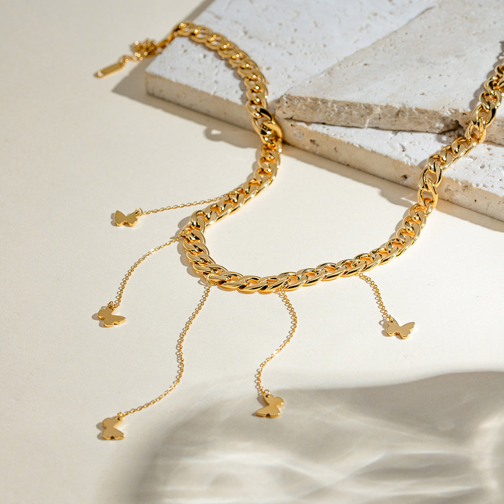 18K Gold Butterfly Necklace Cuban Link Choker