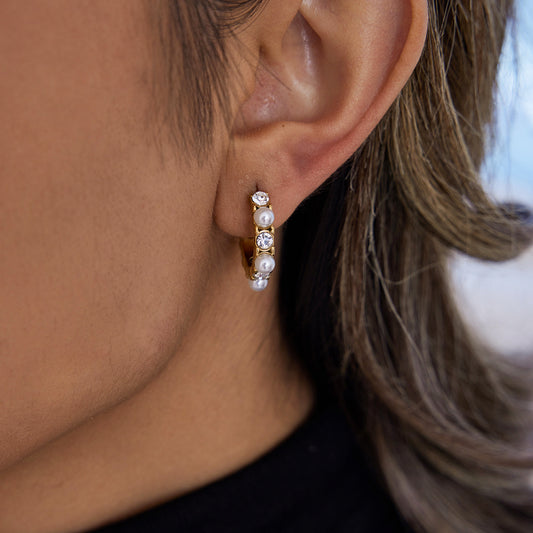18K Gold Bling Pearl Small Hoop Huggie Earrings
