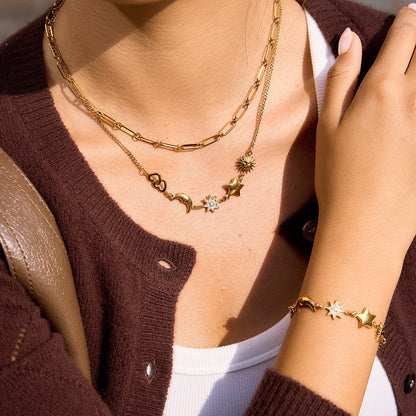 18K Gold Celestial Dream Sun Moon Star Heart Charm Necklace