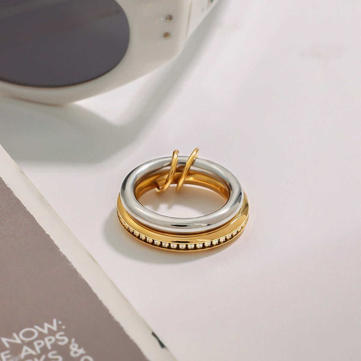 18K Gold and Silver Tone Tone Eternity Multiple Linked Spinelli Ring Stack