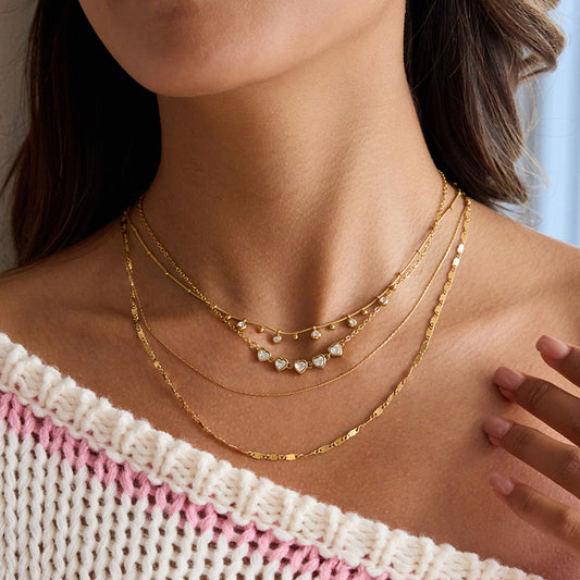 18K Gold Starry Hearts Double Chain Layered Necklace Set