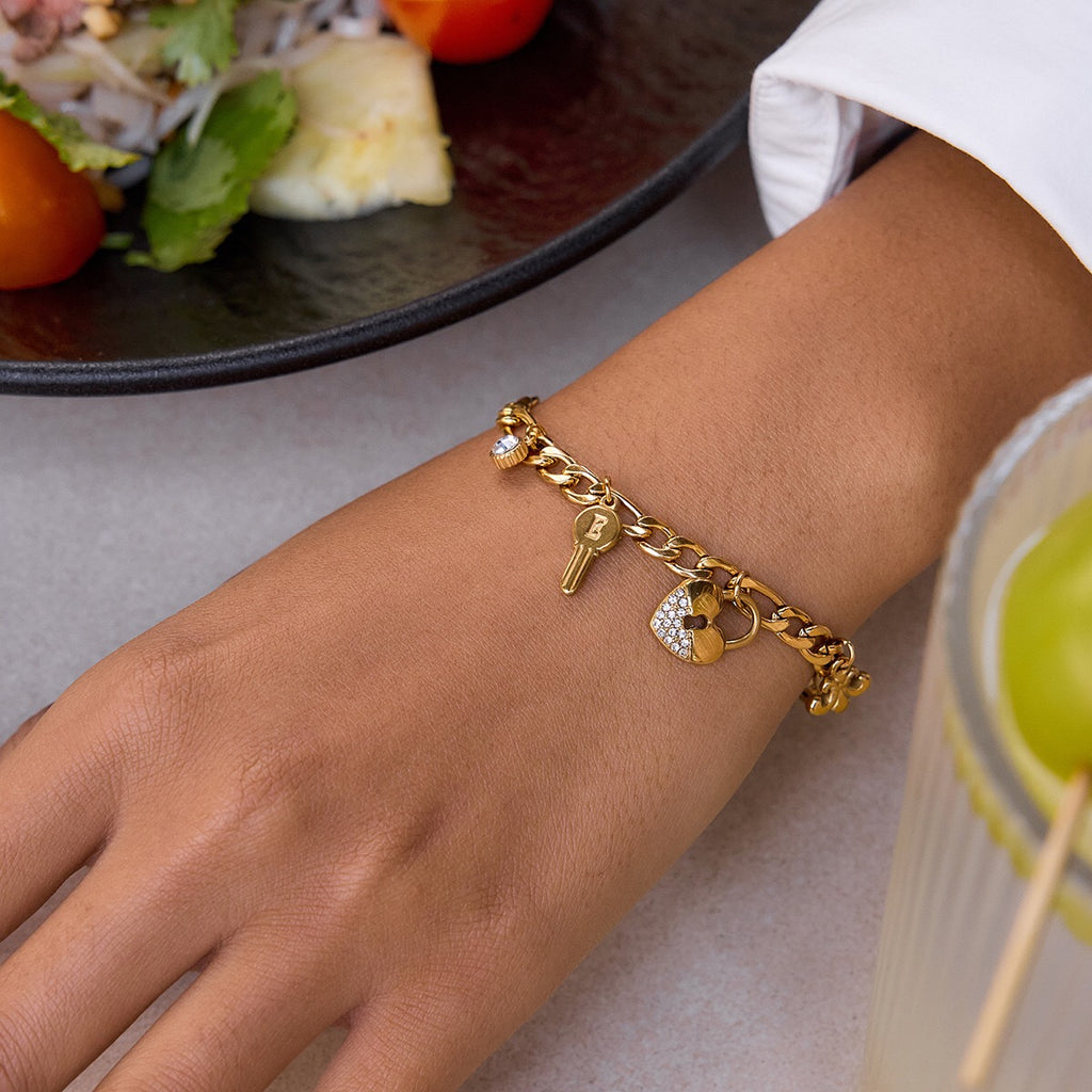18K Gold Secret Lover Heart Lock and Key Charm Chunky Chain Bracelet