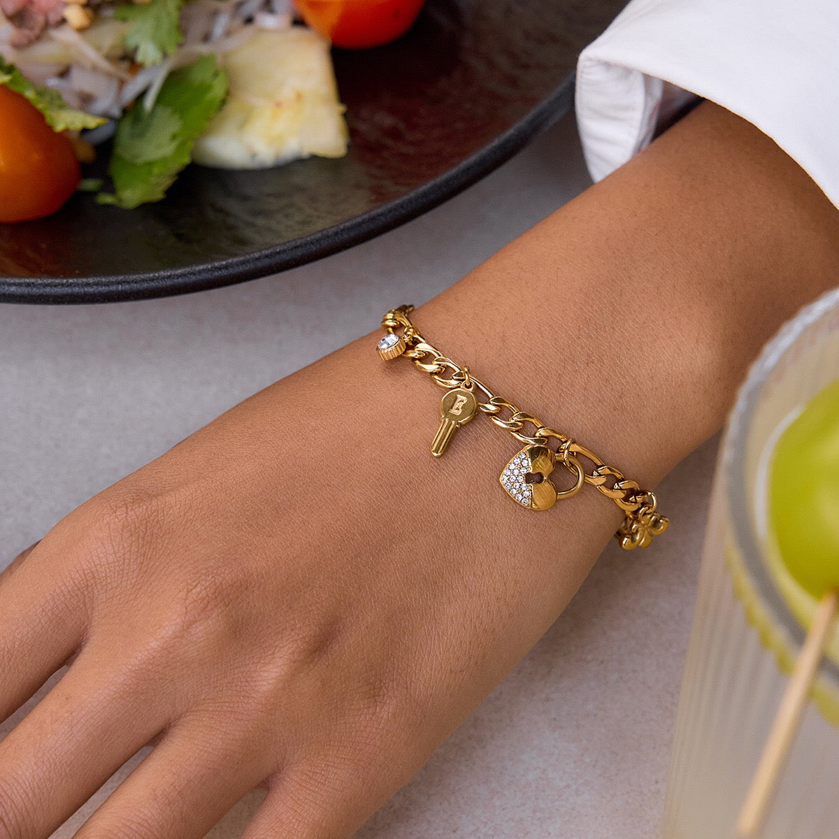 18K Gold Secret Lover Heart Lock and Key Charm Chunky Chain Bracelet