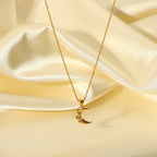 18K Gold Star Adorned Crescent Moon Pendant Necklace