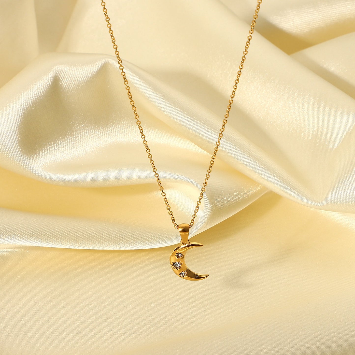 18K Gold Star Adorned Crescent Moon Pendant Necklace