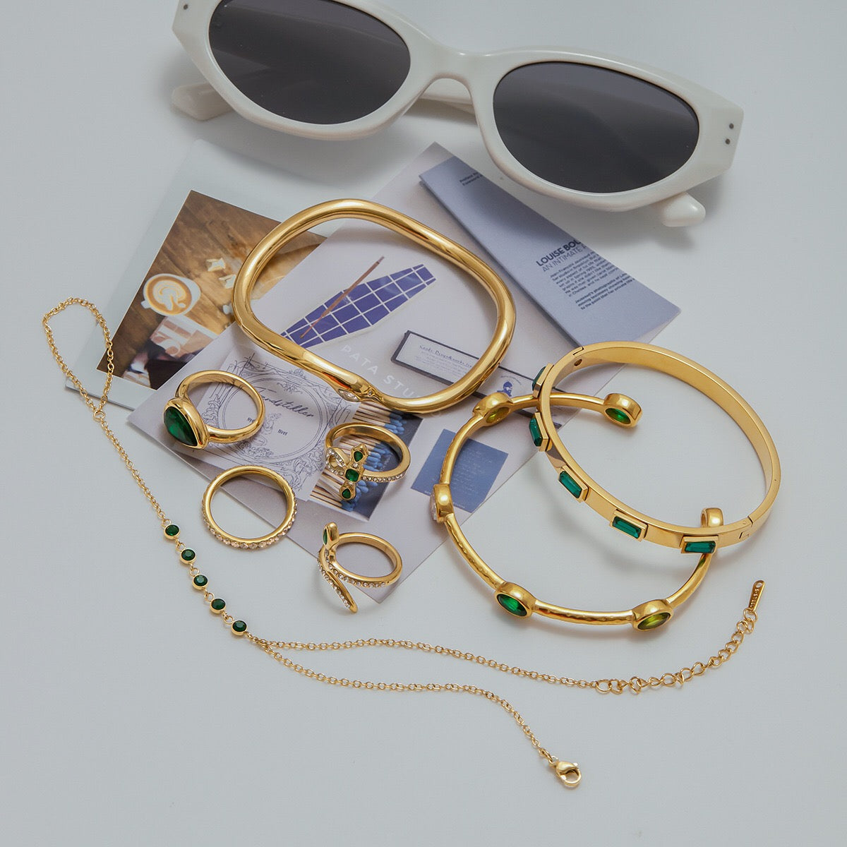 18K Gold Emerald Heiress Cross Snake Statement CZ Cocktail Ring