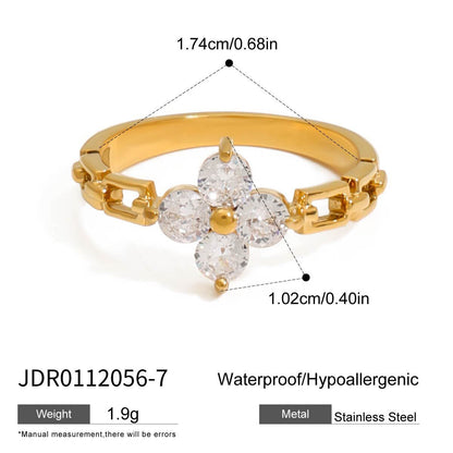 18K Gold Four Leaf Clover Flower Chain Band Stacking Ring
