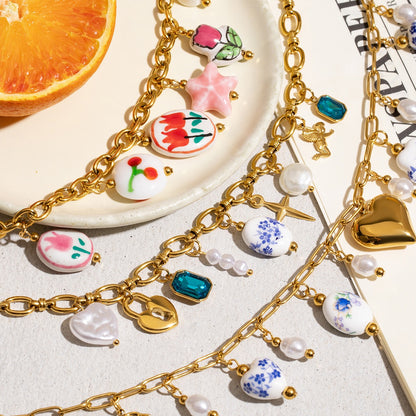 18K Gold Flower Blossom Ceramic Circle Chain Charm Necklace